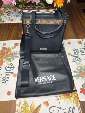 Versace Black Shoulder Bag with Gold Greek Key Accent Has Shoulder Strap
